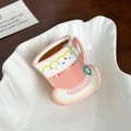 Pinza per capelli a tazza di caffè rosa e bianca con motivo a cuori colorati e ciondolo tè - Rosa