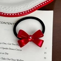 Elegant red acetate bow hair tie with rhinestone detail and black elastic band - Red Hair Tie-4.5cm