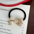 Cream marble patterned acetate bow hair tie with a sparkling rhinestone center - Cream White Hair Tie-4.5cm