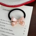 Light pink acetate marble bow hair tie with a single crystal accent on a black band - Baby Pink Hair Tie-4.5cm