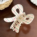 Beige butterfly hair claw clip with pink heart patterns and striped finish - Love Heart Stripes-8.2cm