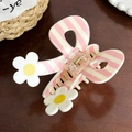 Pink and white striped butterfly hair claw clip with daisy flower accents and metal spring - White Flower Stripes-9.3cm