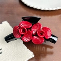 Molla per capelli in acetato con rose rosse 3D su una base nera lucida - Fiore Rosso