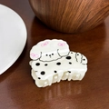 Cute cream puppy hair claw clip with black polka dots and pink bow accent for women - Spotted Dog-5.8cm