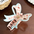 Pince à cheveux à carreaux roses avec motif cerises et bords à pois bleus - Papillon Cerise-7.6cm