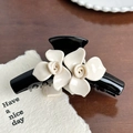 Glossy black acetate hair claw clip featuring two elegant cream white 3D floral details - Camellia Shape / 11.5cm / White