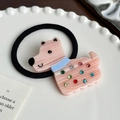 Pink acrylic puppy hair tie with colorful rhinestones on black elastic band for women - Orange Red Hair Tie