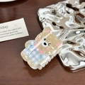 Creamy beige bear-shaped acrylic hair claw clip with blue plaid and pink heart detail - Blue Plaid Bear-5.5cm