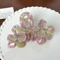 Pink and green acetate floral hair claw clip with purple rhinestones detail - Pink Green-10.5cm