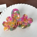 Acetate flower hair claw clip with colorful marble pattern and rhinestones in white dish - Yellow Pink - 10.5cm