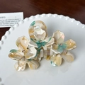 Beige and teal marbled acetate floral hair claw clip with rhinestones and shark tooth grip - Blue White-10.5cm