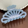 Light blue acetate hair claw clip with full rhinestone inlay in a hollow fan shape - Blue