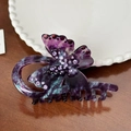 Pince à cheveux papillon en acétate violet avec texture étoilée et cristaux violets - 9.8CM / Violet foncé