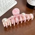 Pinza para el pelo extragrande de acetato jaspeado rosa con perlas y agarre potente - Rosa-12.5cm