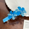Fermaglio per capelli a fiori blu in acetato con strass lucidi e perle bianche - Fermaglio a Molla a Doppio Fiore / Fermaglio a Molla - 8,4 cm