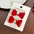 Paire de barrettes à nœud rouge brillant avec perle blanche sur carte faite main - Lot de 2 / Pince à Cheveux Rouge