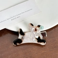 Barrette à cheveux chien en acétate avec taches noires et fleur bleue sur céramique - Gris Café Pince à Cheveux-5.1cm
