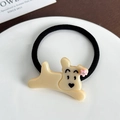 Élastique à cheveux chien beige en acétate avec petite fleur rose sur lien noir - Beige Élastique à Cheveux-5.1cm