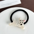 Élastique à cheveux petit chien en acétate avec ruban noir et détail floral rose - Blanc Iridescent Élastique à Cheveux-5.1cm