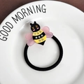 Cartoon bee hair tie with crystal rhinestones and pink heart wings on black elastic band - Pink Bee Hair Tie