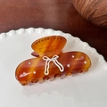 Tortoiseshell acetate hair claw clip featuring a white bow design with silver rhinestones - Hair Claw / 7.7cm / Coffee