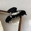Elegant black acetate hair claw clip with white pearls and sparkling rhinestones - Black Claw Clip 9.4cm