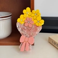 Pince à cheveux élégante en acétate avec fleurs jaunes, strass et nœud rose mignon - Fleur Jaune - 10.6CM