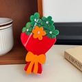Pinza per capelli bouquet di fiori in acetato con strass e design floreale arancione - Fiore Verde - 10.6CM