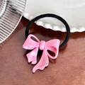 Pink marble pattern acetate bow hair tie with high elastic black band for women - Pink Hair Ring