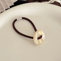 Dark brown high elastic hair tie with marble resin circle and silver metal buckle - 2.8cm Decoration / Off White