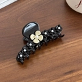 Pince à cheveux élégante en acétate noir avec fleurs 3D et détails de perles - 9.4cm / Noir