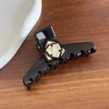 Elegant black acetate hair claw with white camellia flower and pearl decoration - Black