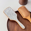 Wooden air cushion massage hairbrush with white pearlescent finish and anti-static bristles - 25cm / White