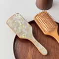 Premium acetate and wooden air cushion hairbrush with anti-static bristles and marbled finish - 25cm / Iridescent White