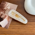 Creamy marble acetate hair clip with double rows of elegant pearls for women - Floral Yellow