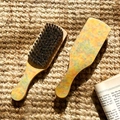 Tortoiseshell acetate wood hairbrush set with natural bristles on rustic linen texture - 17.5cm / Goose Yellow Green