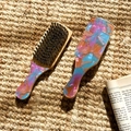 Artistic acetate hair comb set with pink floral pattern and natural wooden handle - 17.5cm / Blue Pink