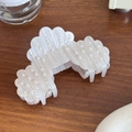 Elegant pearlescent white shell hair claw clip with faux pearls and golden beads accents - Stripe White (9.4cm)