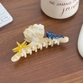 Ocean themed hair claw clip with blue whale and yellow starfish in cream marble finish - Ocean Theme Shell Whale Claw Clip (Iridescent Light Coffee-12cm)
