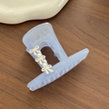 Translucent light blue hair claw clip with white bows and pearls on wood background - Blue-7.9cm