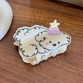 Pince à cheveux crème avec imprimé chiot mignon portant un chapeau à étoile violette - Chien au Chapeau (7.5cm)