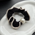 Elegant black silk scrunchie with cream trim and a large pearl bead accent - 7.5cm / Black