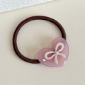 Pink heart hair tie with bow and rhinestone detail on high elastic brown cord - Pink