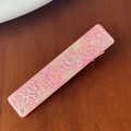 Pink pearlescent rectangular hair clip with silver floral patterns and small rhinestones - Pink Hair Clip
