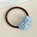 Sky blue heart resin hair tie with bow relief and sparkling rhinestone detail - Blue