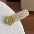 Acetate hair clip with pearlescent texture, green marble flower and gold rhinestone detail - Gray with Cyan Flower