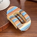 Matte finish large oval hair claw clip with unique horizontal stripes in blue and tan - Blue Brown