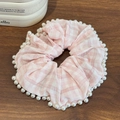 Elastico per capelli a scacchi rosa e bianchi con bordo in perle per code di cavallo - 18cm / Rosa