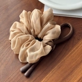 Elegant beige chiffon scrunchie with a dark brown elastic hair tie and decorative beads - Brown