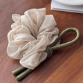 Elegant beige organza hair scrunchie with olive green faux leather ribbon accent - Beige